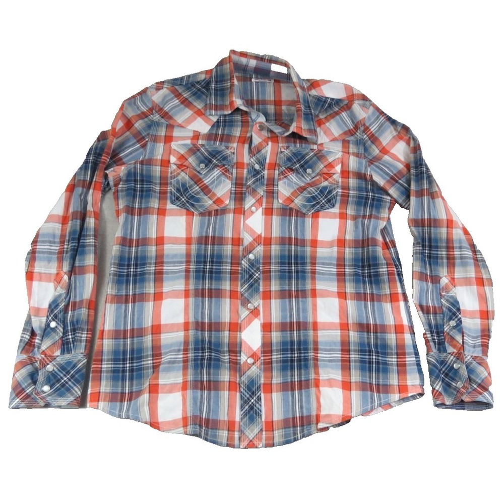 True Religion Premium Western Plaid Pearl Snap Shirt Men XL Red Blue Flap Pocket